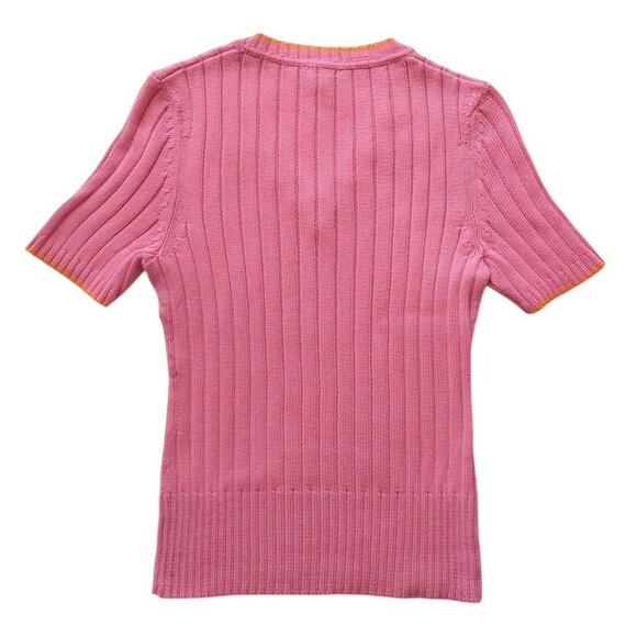 Escada Sport Pink V-neck Short Sleeve Sweater with Orange Trim Women's Size M - Picture 4 of 6